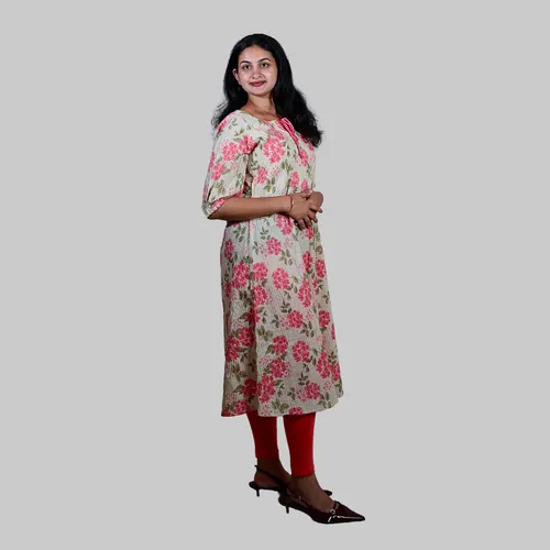 HALF WHITE WITH PEACH FLOWER KURTI